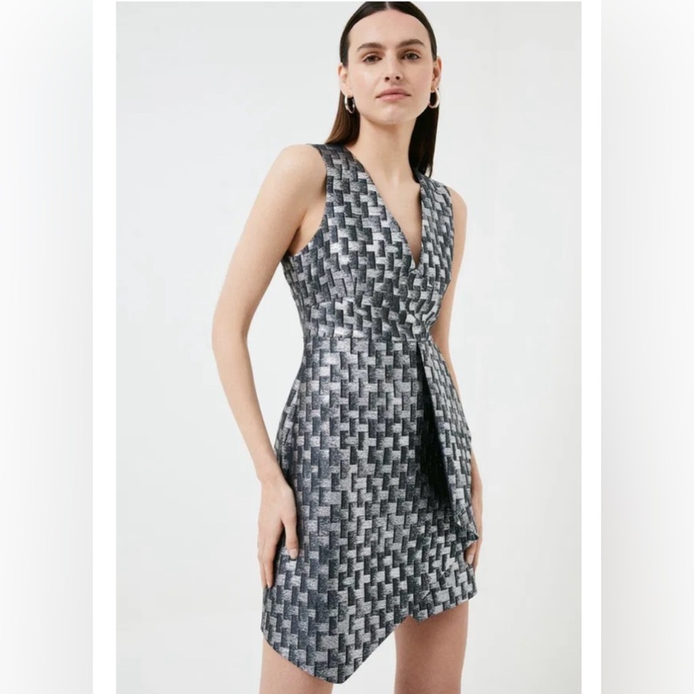 Karen Millen Jacquard Drape Detail Sleeveless Dress Metallic Silver Pewter